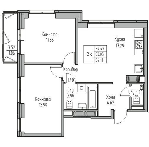 2-комнатная 54.11 м²