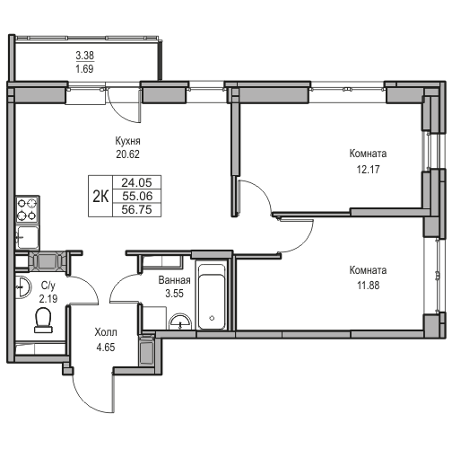 3-к eвро 56.75 м²