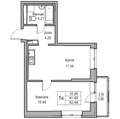 2-к eвро 42.44 м²