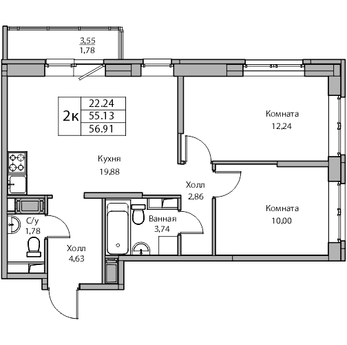 3-к eвро 56.91 м²