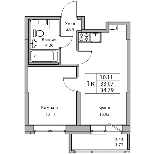 2-к eвро 34.79 м²