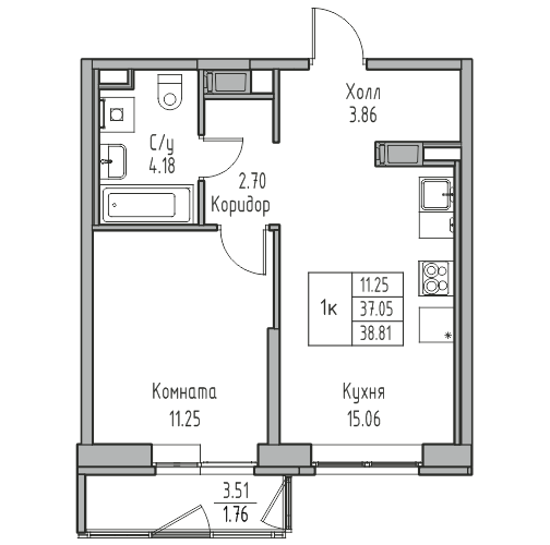 1-комнатная 38.81 м²