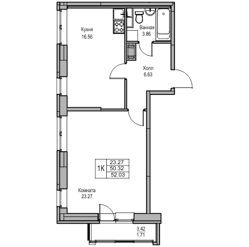 2-к eвро 52.03 м²