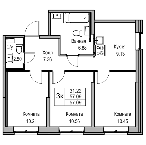 3-комнатная 56.7 м²