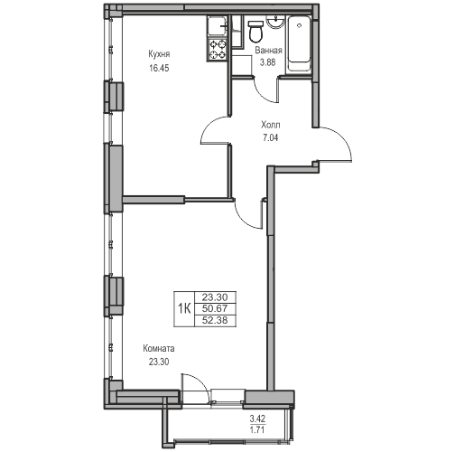 2-к eвро 52.38 м²