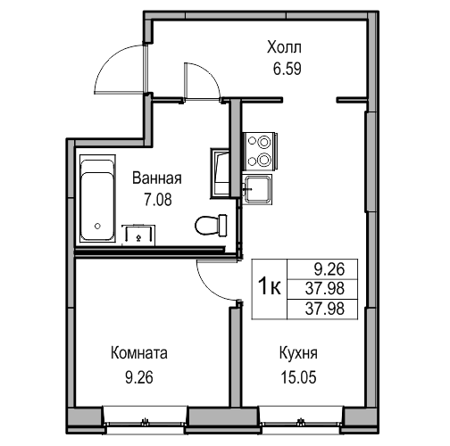 2-к eвро 37.6 м²