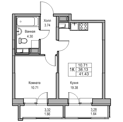 2-к eвро 41.43 м²