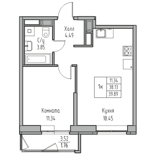 1-комнатная 39.89 м²