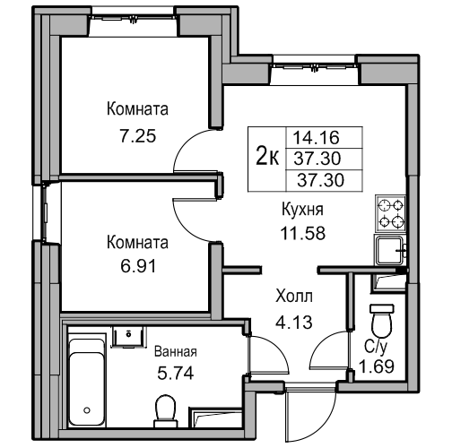 2-комнатная 37.2 м²