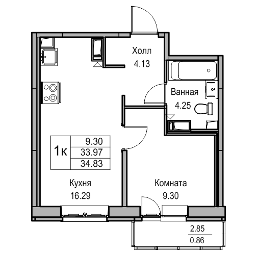 2-к eвро 34.5 м²