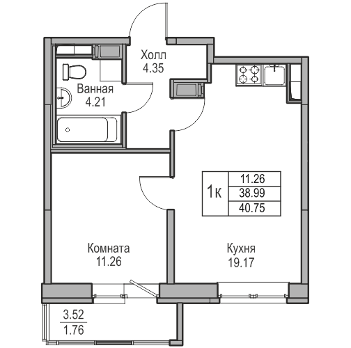 2-к eвро 40.75 м²