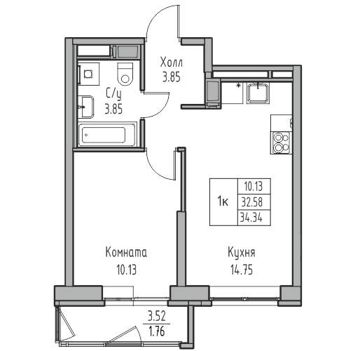 1-комнатная 34.34 м²