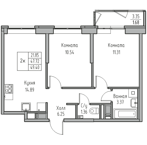 2-комнатная 49.4 м²