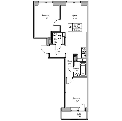 3-к eвро 55.52 м²