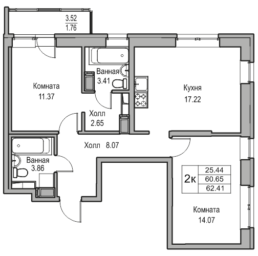 3-к eвро 62.41 м²