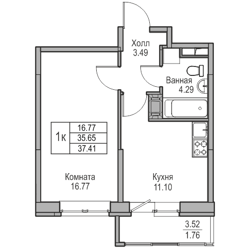 1-комнатная 37.41 м²