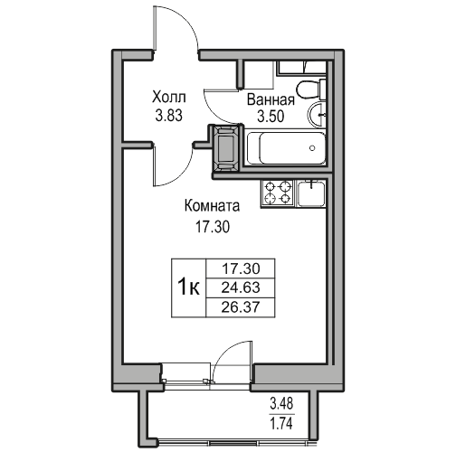 Студия 26.37 м²