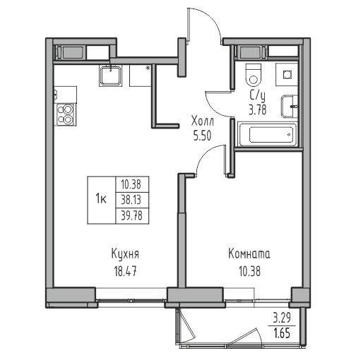 1-комнатная 39.78 м²