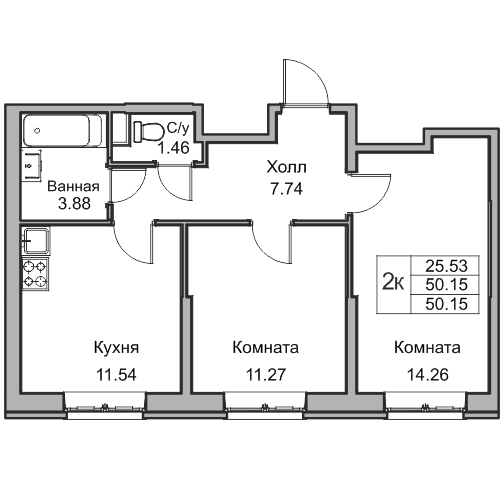 2-комнатная 49.8 м²