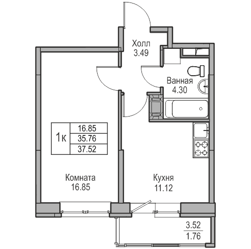 1-комнатная 37.52 м²