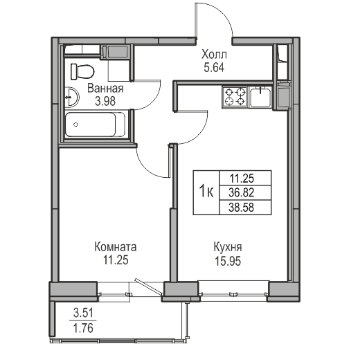 2-к eвро 38.58 м²