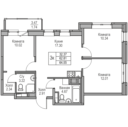 4-к eвро 64.55 м²