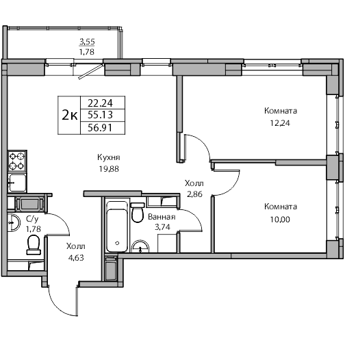 3-к eвро 56.91 м²