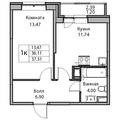 1-комнатная 37.4 м²