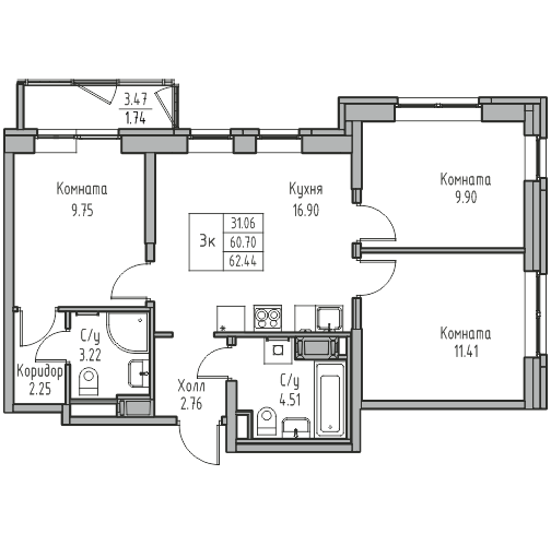 3-комнатная 62.44 м²