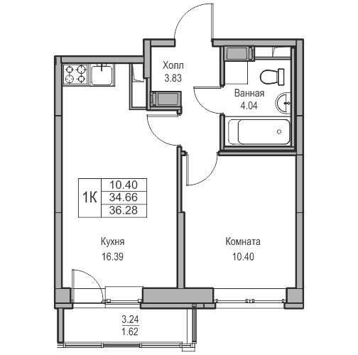 2-к eвро 36.28 м²