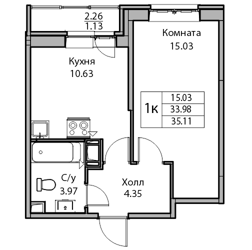 1-комнатная 35.1 м²