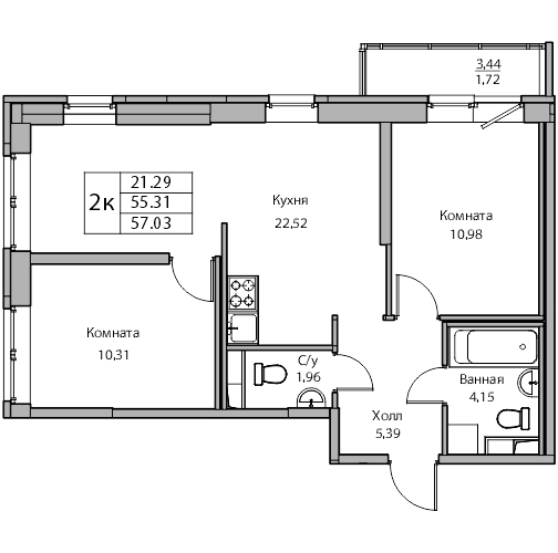 3-к eвро 57.03 м²