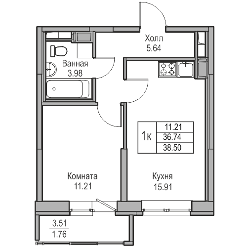 2-к eвро 38.5 м²