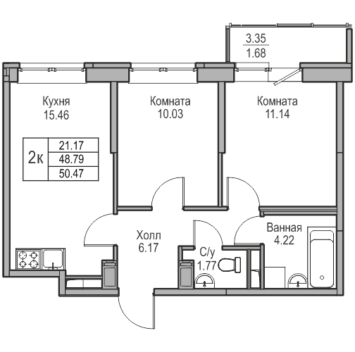 3-к eвро 50.47 м²