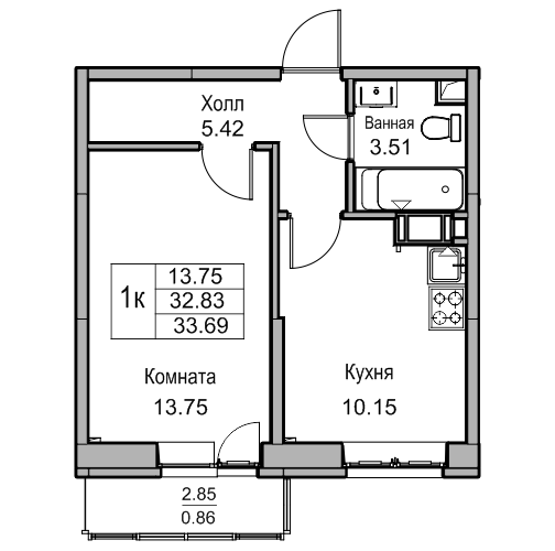 1-комнатная 33.7 м²