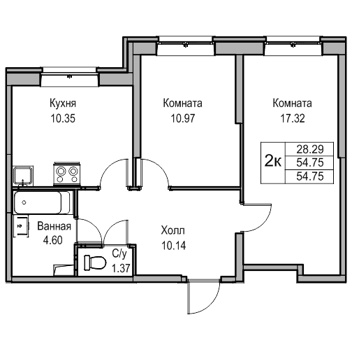 2-комнатная 54.5 м²