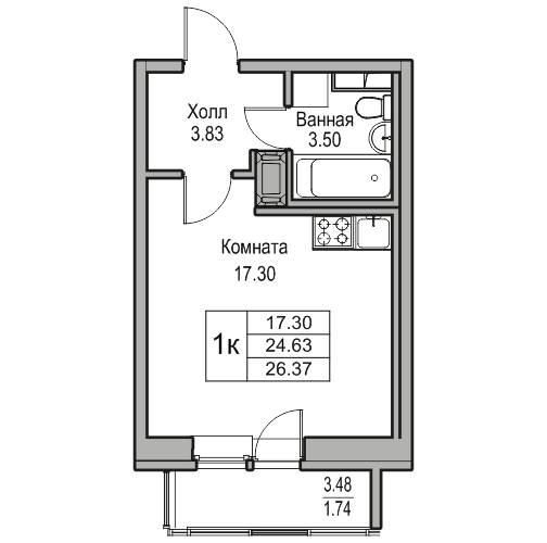 Студия 26.37 м²