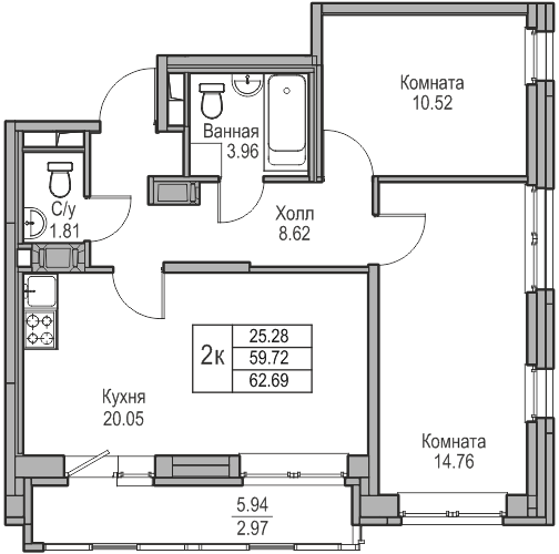 3-к eвро 62.69 м²