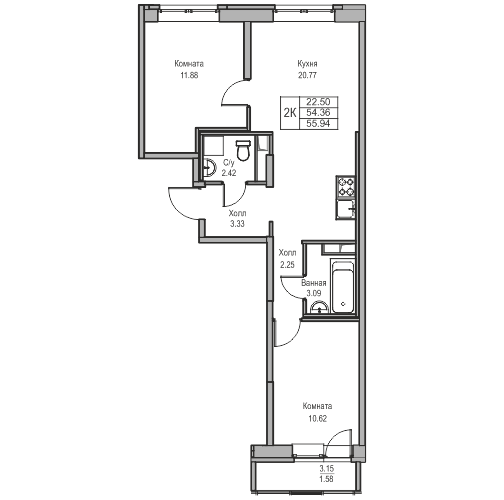 3-к eвро 55.94 м²