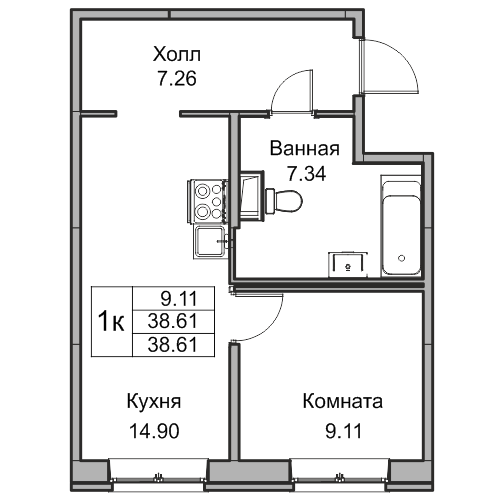 2-к eвро 38.4 м²