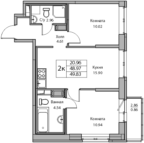 3-к eвро 49.83 м²