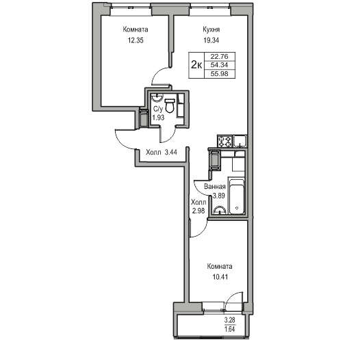 3-к eвро 55.98 м²