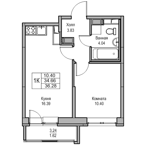 2-к eвро 36.28 м²