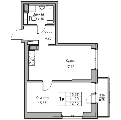 2-к eвро 42.15 м²