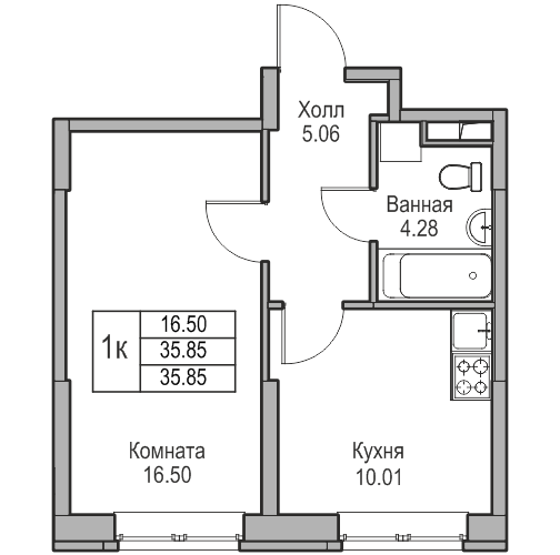 1-комнатная 35.85 м²