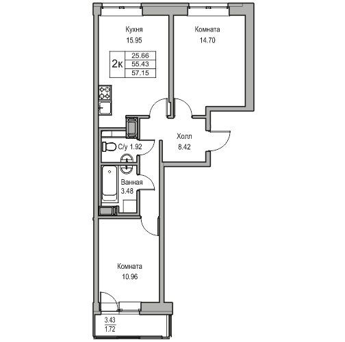 3-к eвро 57.15 м²