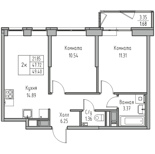 2-комнатная 49.4 м²