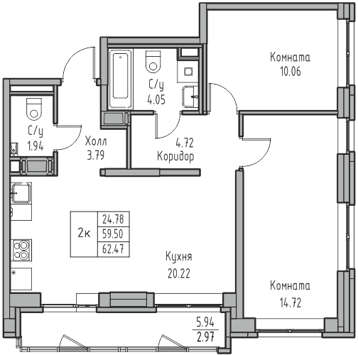 3-к eвро 62.47 м²