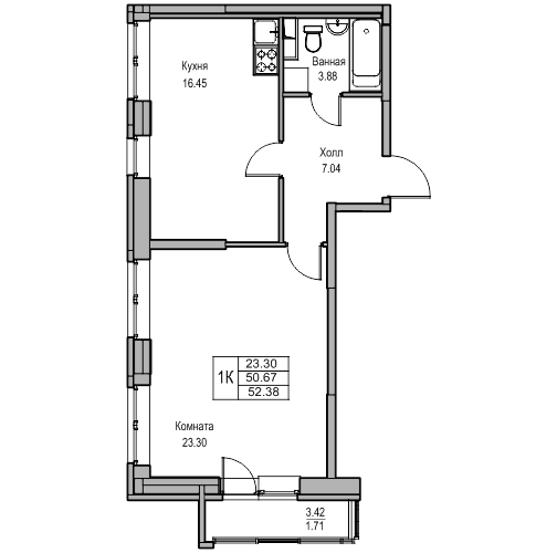 2-к eвро 52.38 м²
