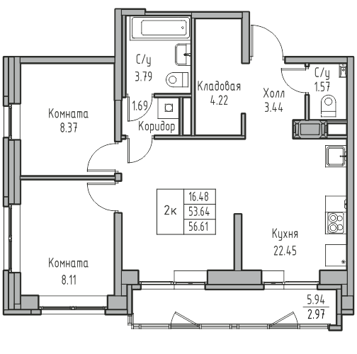 2-комнатная 56.58 м²